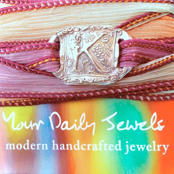 Silver Wax Seal Initial Silk Wrap Bracelet,  Eco-friendly, Personalized, Yoga Jewelry, Reversible, Your Daily Jewels