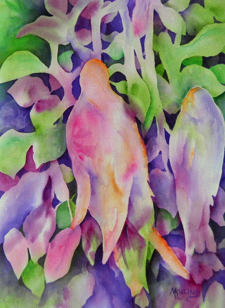 Watercolor of Colorful Birds Abstract Pink Purple Green by Artist Martha Kisling