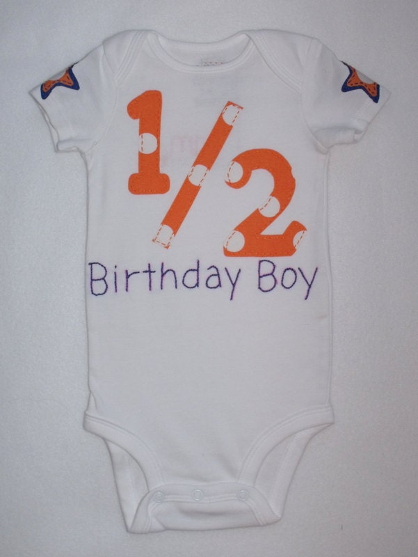 1/2 half birthday boy girl shirt hand stitched name custom onesie orange and blue