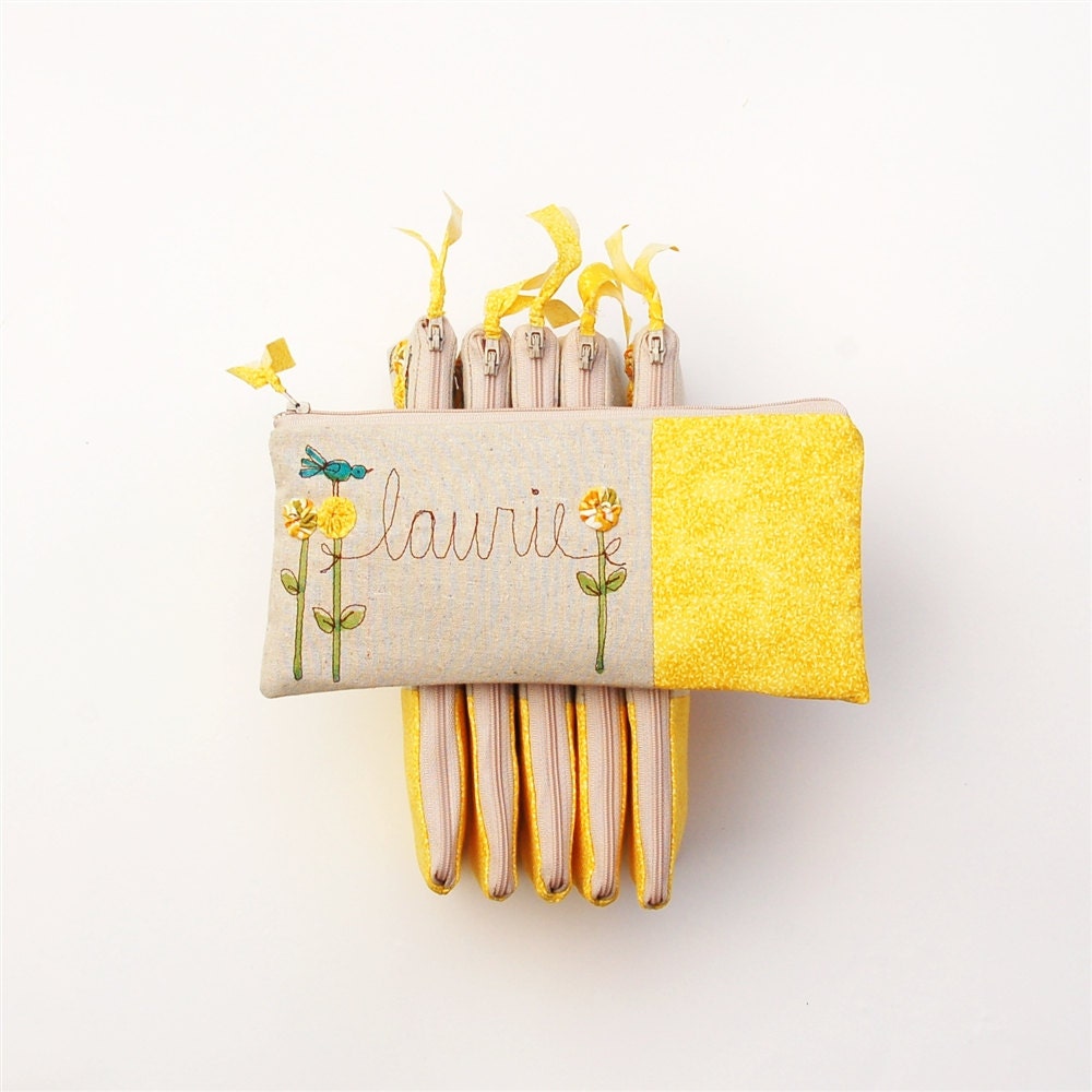 bridesmaid gifts, 6 yellow wedding clutches, personalized gifts, handmade wedding MADE TO ORDER by mamableudesigns