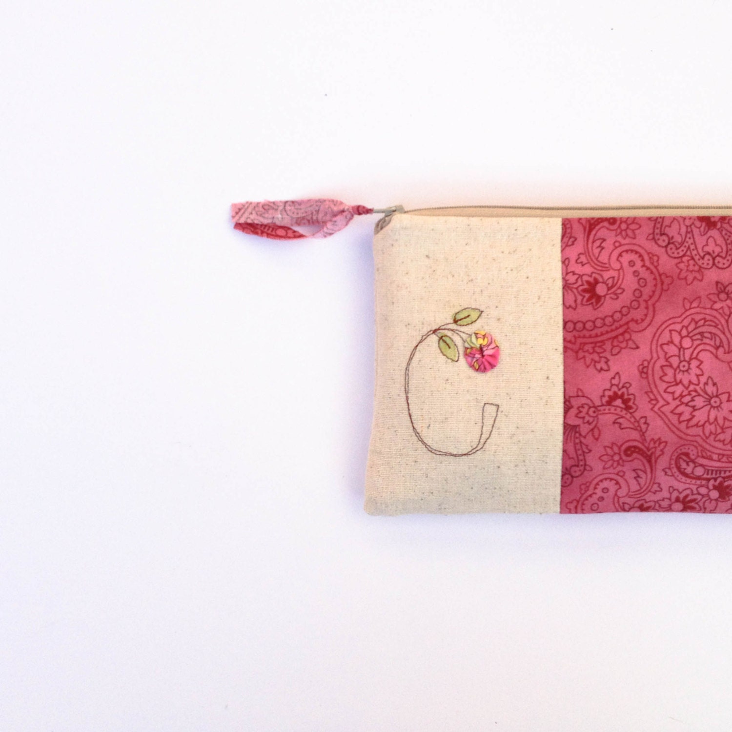 unique bridesmaid gift, personalized with initial, wedding clutch, pink paisley, floral purse, letter C, MADE to ORDER by mamableudesigns