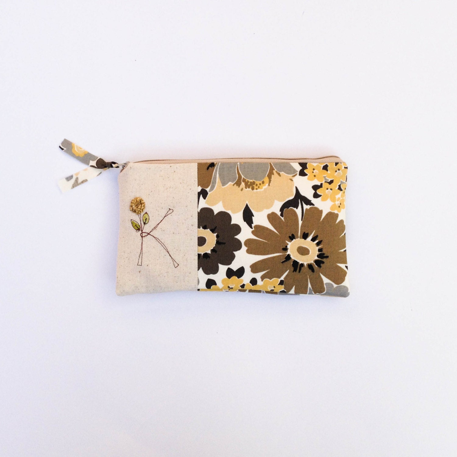 floral personalized clutch, personalized gift, neutral browns, autumn floral, nude, golden honey yellow, grey, letter K, MADE to ORDER