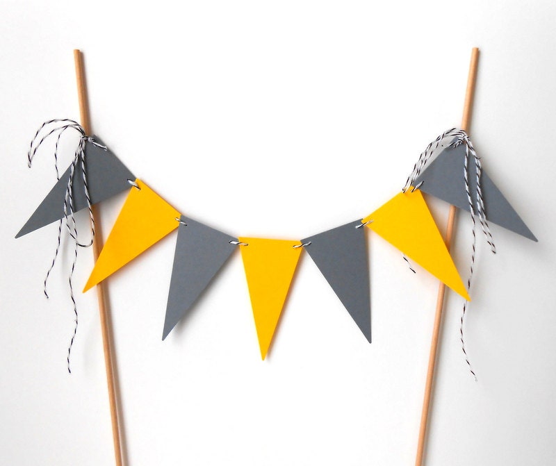 Cake Bunting, Yellow and Gray Triangle Pennants - Wedding, Fun, Grey, Charcoal, Sunny, Decoration, Simple, Triangular, Geometry, Geometric
