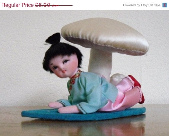 ON SALE Vintage Beijing Boy and Mushroom Silk Figurine