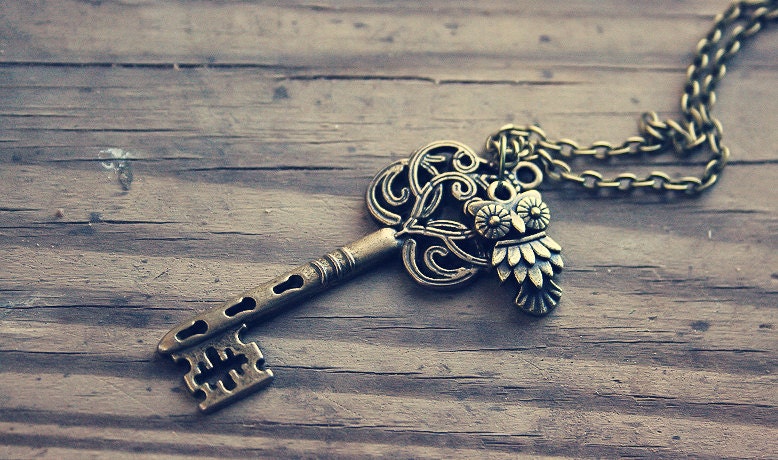 Bronze Owl and Key Charm Necklace
