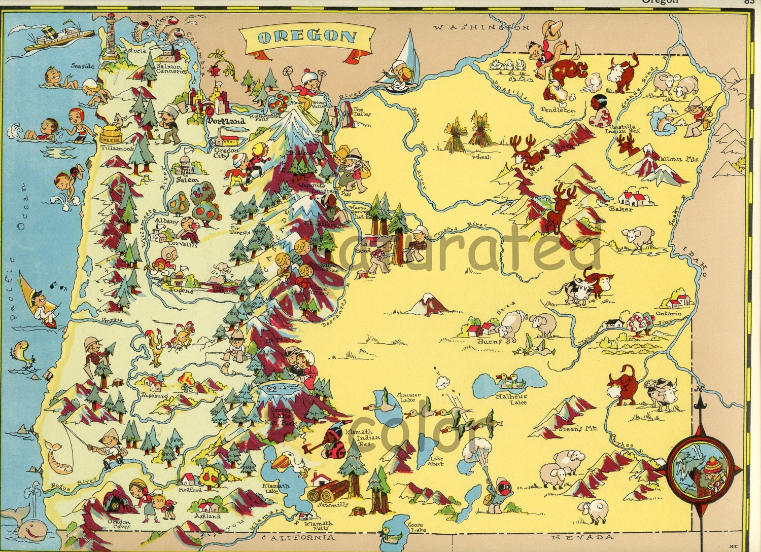 Oregon Map - Original 1930s Antique Vintage Picture Map - Ruth Taylor White - Portland - Coos Bay