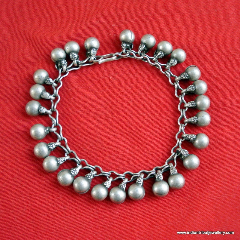 vintage antique tribal old silver bells beads bracelet cuff belly dance jewelry