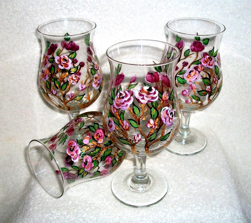 Handpainted Wine Glasses Rose Garden Hand Painted Set of 4 / 13.25 oz.   For Valentines Day, Wedding, Anniversary, Birthday, Gift