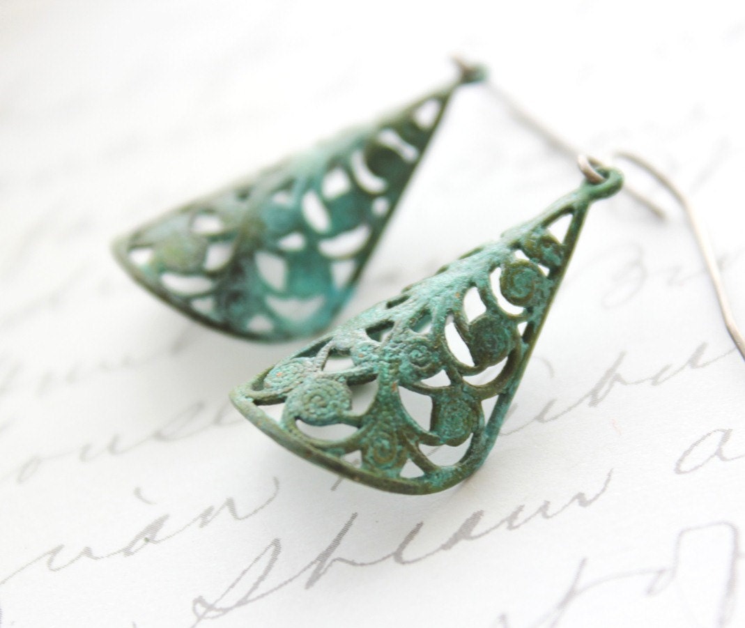 Verdigris Filigree Earrings, Jade Green Patina, Turquoise Lace, Nature Inspired Earrings, Woodland, Unique Jewellery