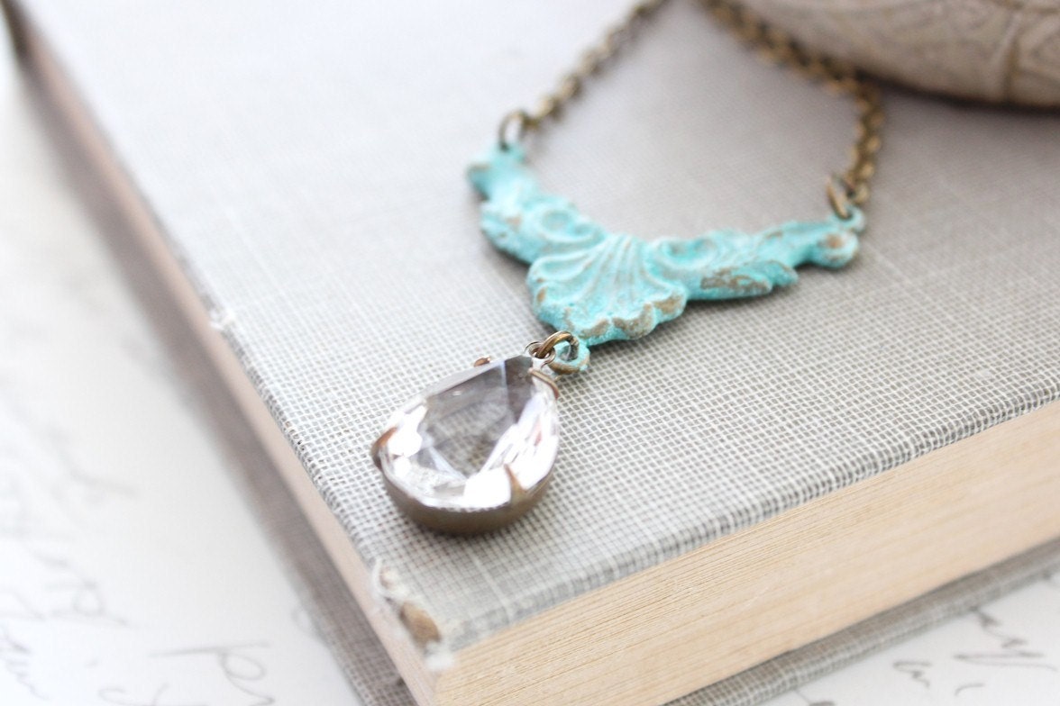 Patina Necklace, Crystal Drop Pendant, Verdigris Filigree Statement Necklace, Vintage White Glass Gem, Bridal, Shabby Chic,  Art Deco