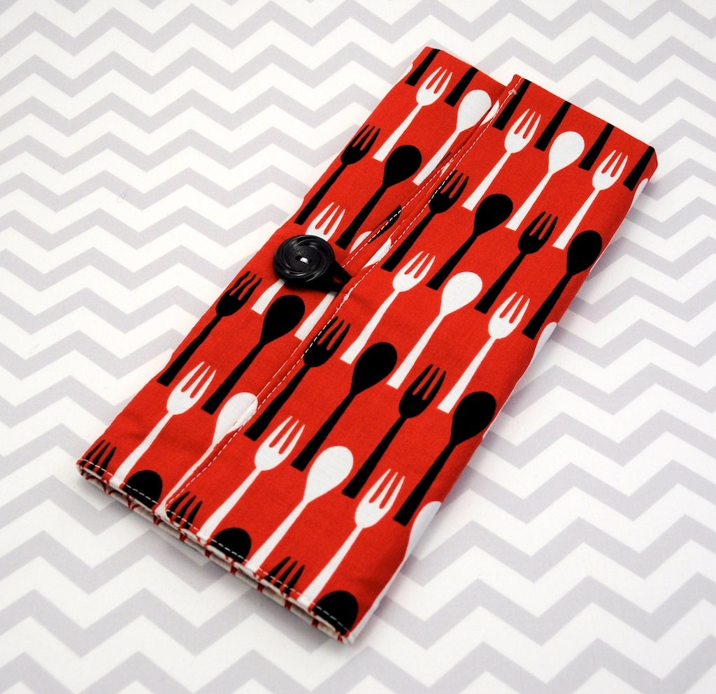 Double Pointed Knitting Needle Roll Or Pencil Crayon Roll - Red and Black Forks and Spoons Cotton Fabric