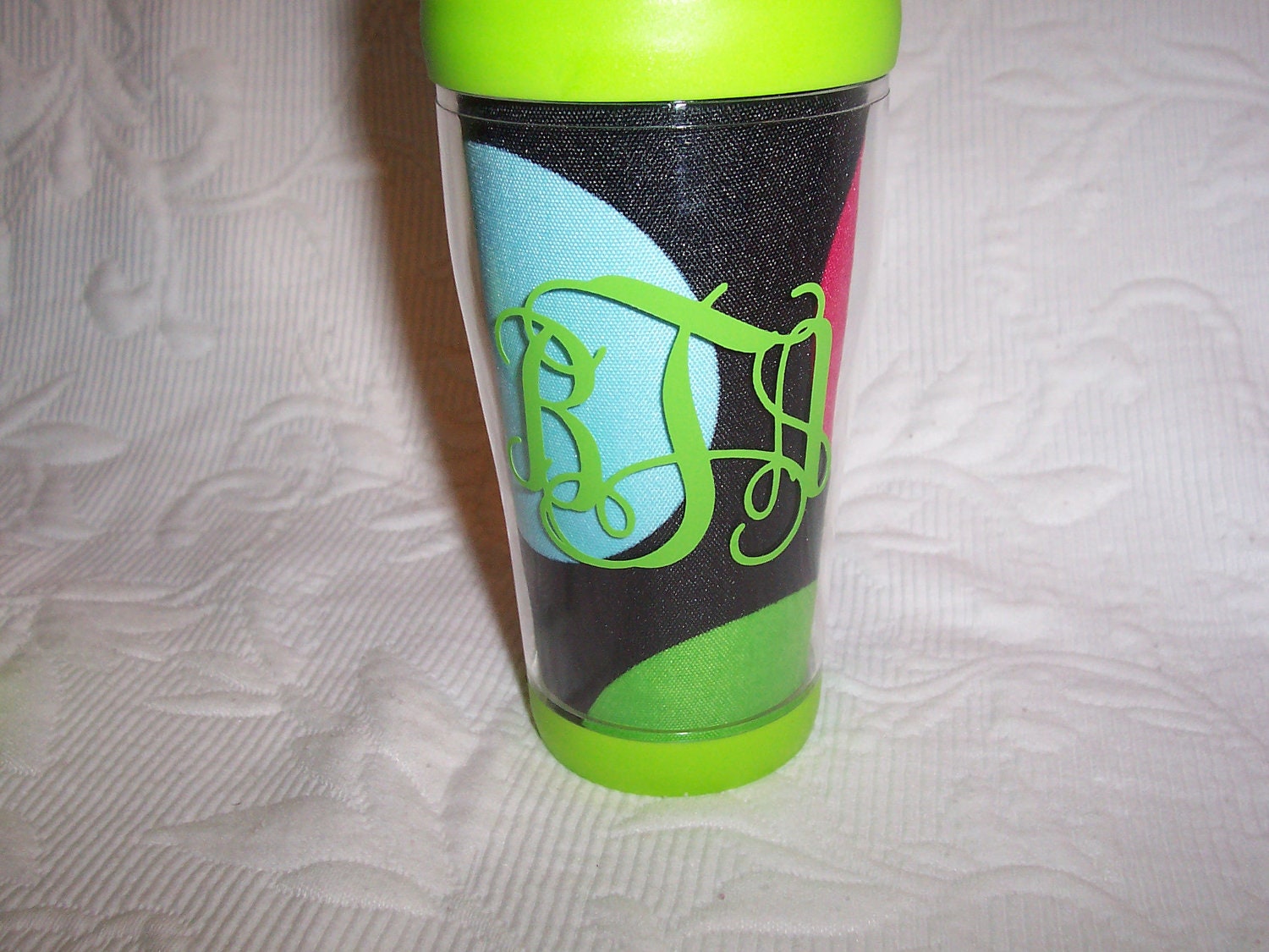 Monogrammed Insulated Travel Mug Large POLKA DOT  & Lime Green