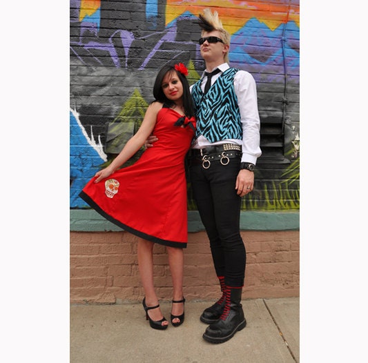 Red Sugar Skull Dia de los Muertos Rockabilly Punk Halter Dress
