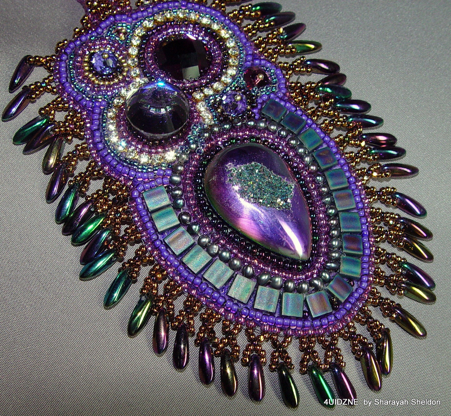 Three Eyed Owl  Bead Embroidery Necklace