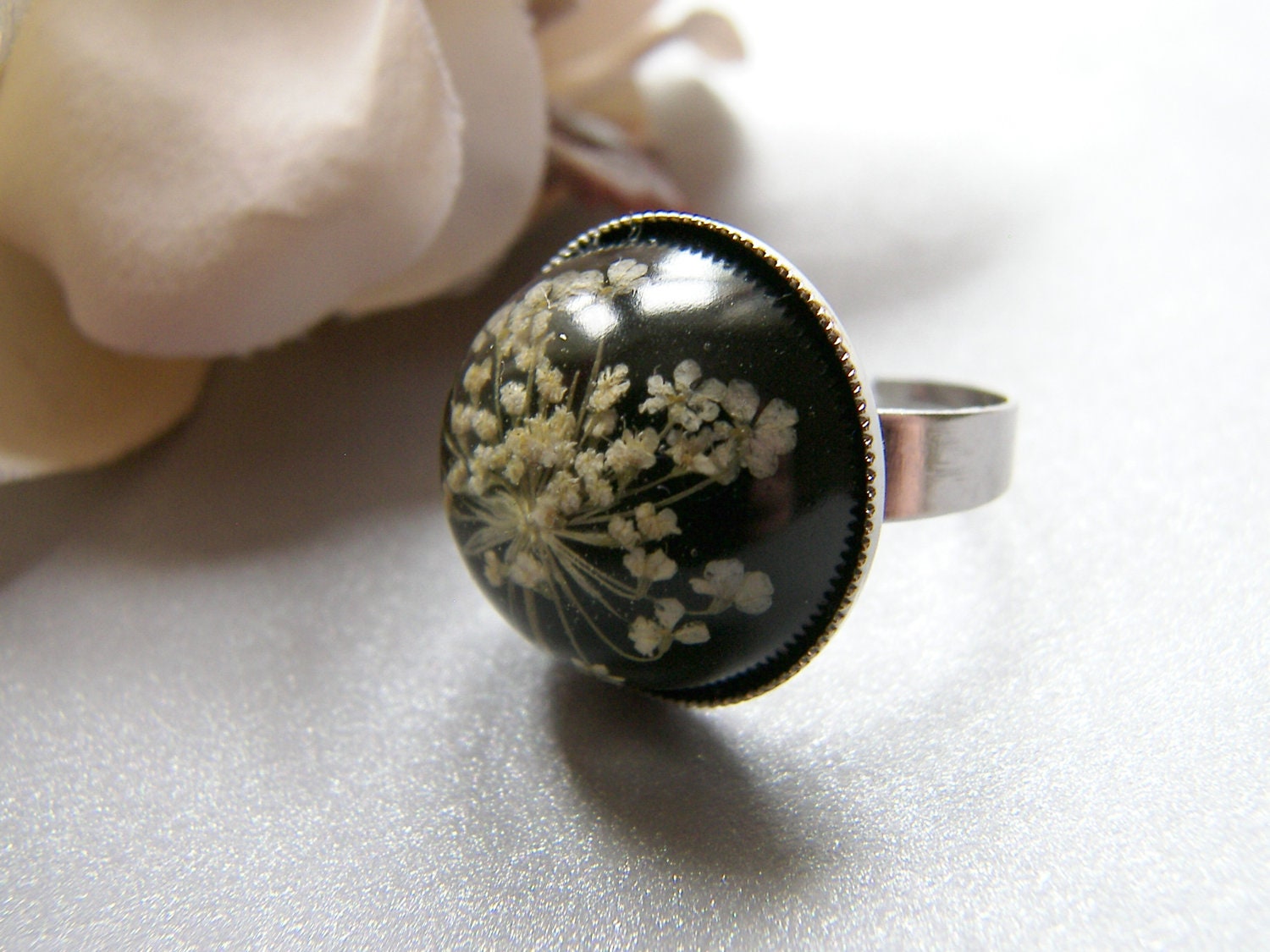 Eco Friendly Ring, Lace Flower, Pressed Flower Jewelry, Eco Chic, Christmas, Snowflake Ring