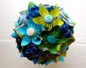 Paper Flower Bouquet - Wedding, Green, Blue, Kusudama, Paper Rose