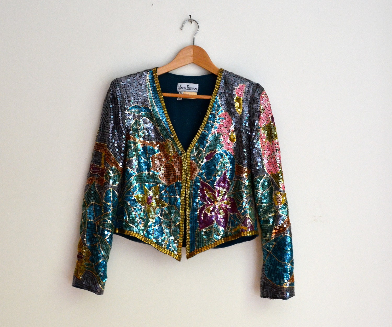 70s Vintage Sequin Jacket By Jack Bryan// Vintage Sequin Crop Jacket with Flowers Size 8