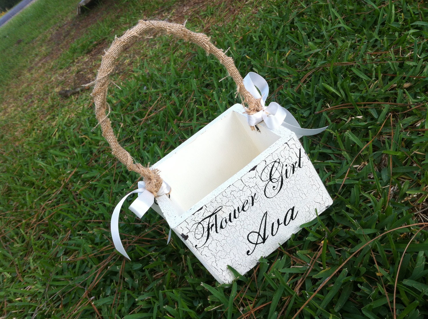FLOWER GIRL BASKET with  Burlap Bows and Personalized with Flower girls name