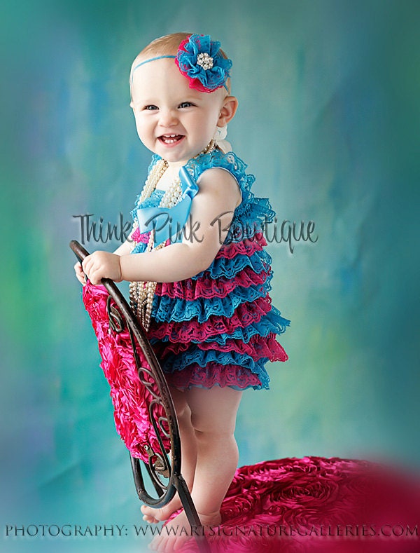 Baby girl hot pink and teal petti lace romper, petti romper,petti lace romper
