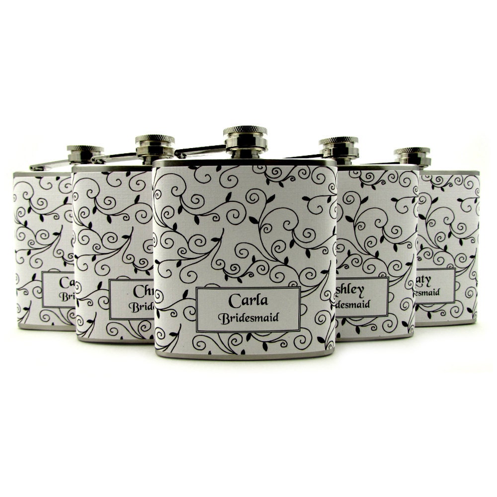 Bridesmaid Gift Womens Flask Bridal Party Gifts Black and White Swirls 6oz 8oz