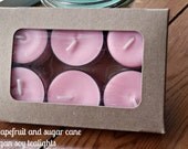 6 soy candle tealights in Grapefruit and sugarcane. Packaged beautifully.