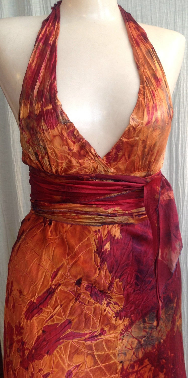red and gold satin halter dress with train by momosoh