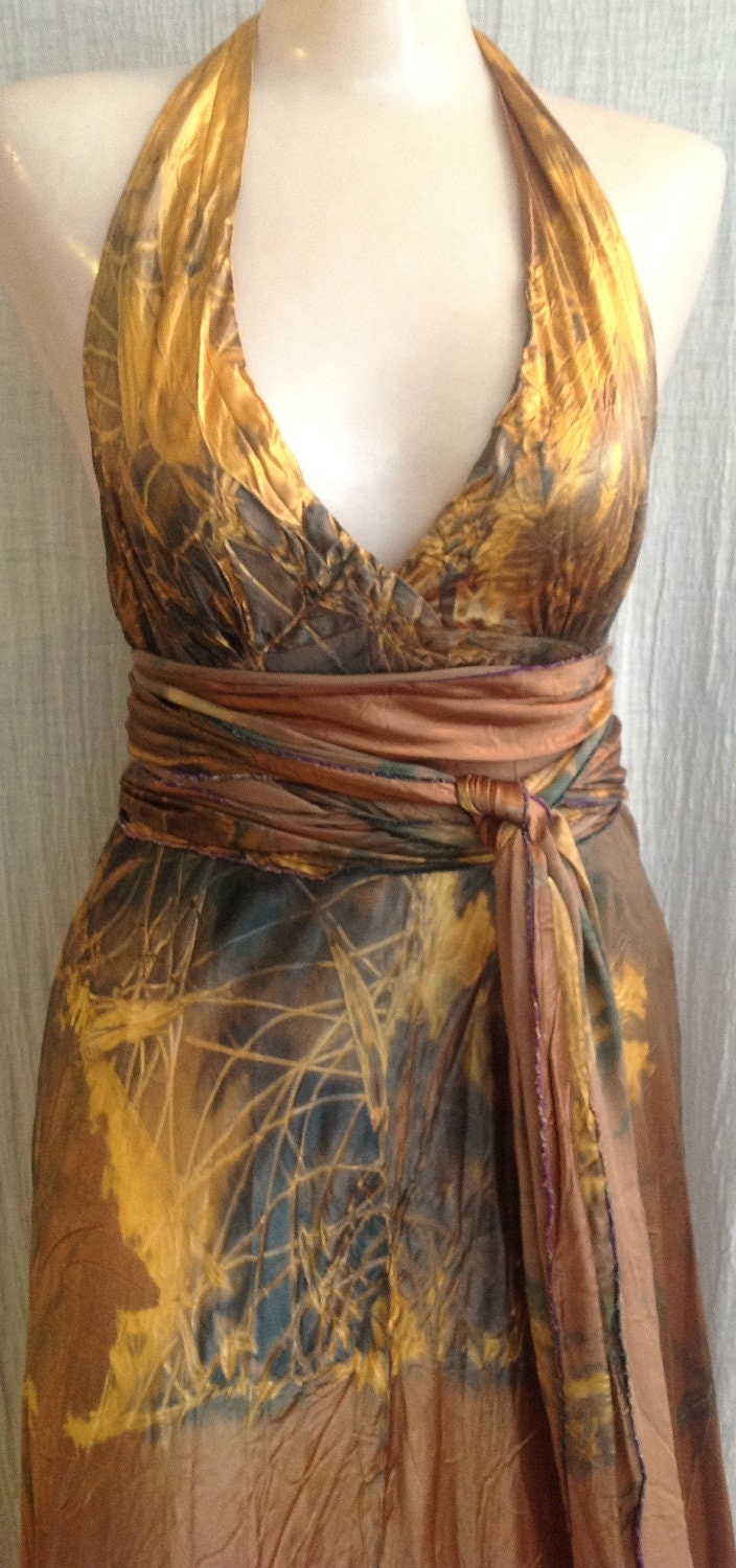 burnished gold and yellow gold and green long rayon satin halter dress