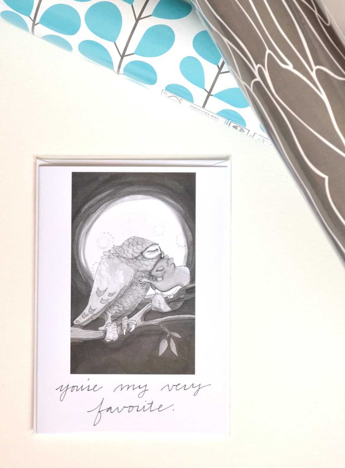 greeting card: owl and squirrel love in moonlight, you're my very favorite