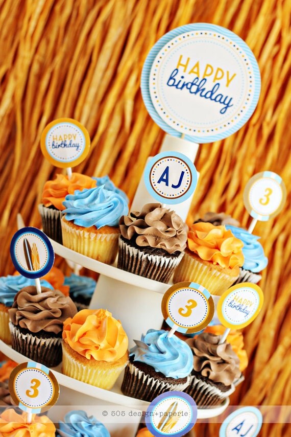 Surfs Up Cupcake Topper Party Circle - Surfer Boy Party Decor by 505 Design Paperie Il_570xn