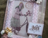 French inspired faux vintage-style card woman on bicycle Joie