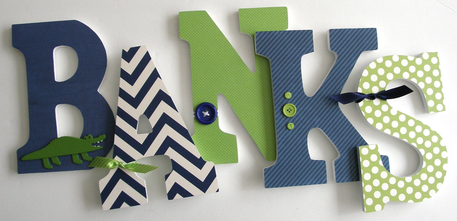 Custom Decorated Wooden Letters NAVY & GREEN Theme Nursery Bedroom Home Décor, Wall Decorations, Wood Letters, Personalized