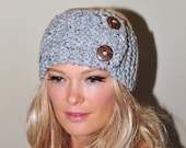 Earwarmer Buttons Winter WOOL Crochet Headband Chunky Ear warmer CHOOSE COLOR Gray Marble Grey Warm Hair Band Button Gift under 50