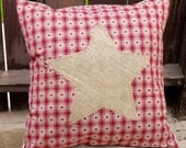 Star Pillow Cover with Rustic Homespun Plaid and Burlap