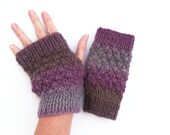 Womens Purple grey gloves fingerless handwarmers hand knitted in a chunky quirky textual pattern mittens