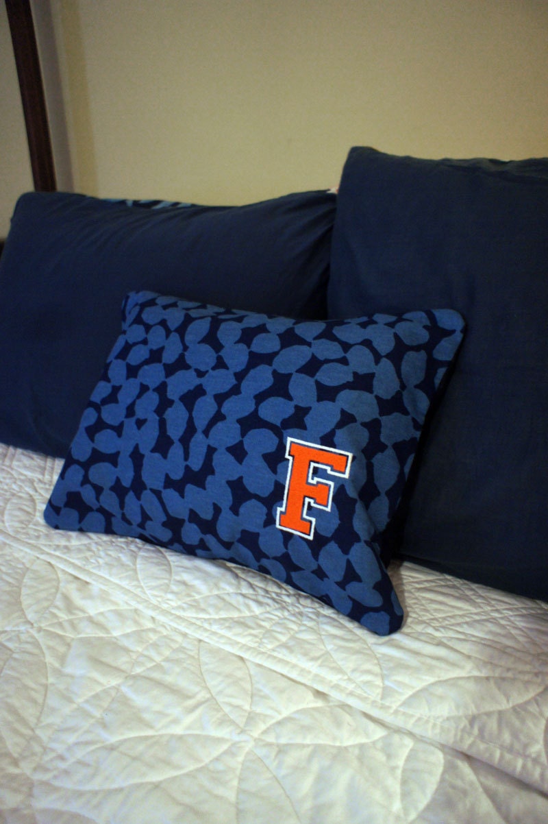 16 X 16 Throw Pillow - Navy and Gator Blue MOD Pattern with Embroidered Orange F Outlined in White- Gator Pillow with Denim Back