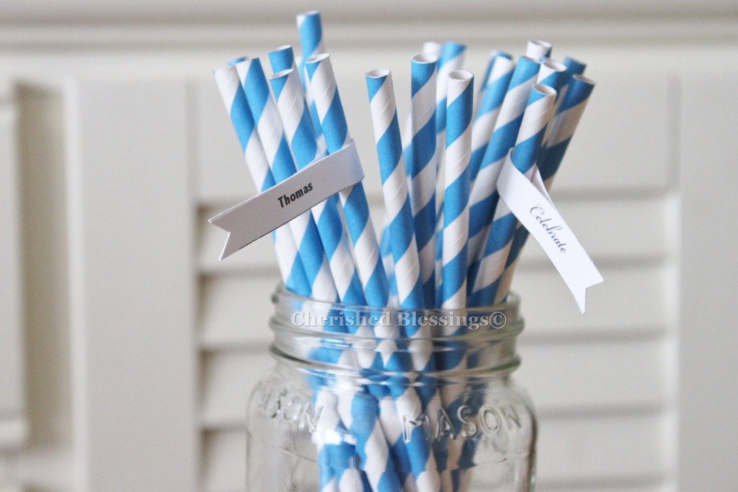 25 Blue Paper Straws Striped Retro Vintage Style Carnival Circus Wedding Kids Birthday Bridal Baby Shower W/ Printable Flags I Created Il_170x135