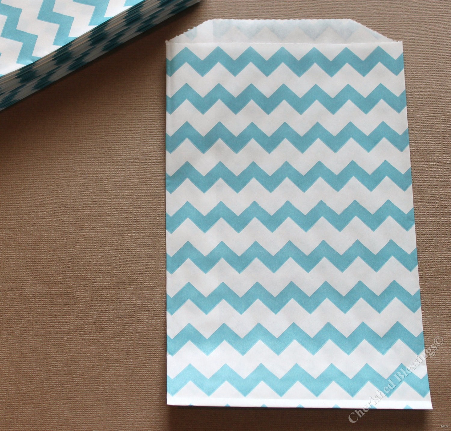 Wedding Chevron Favor Bags 20 Aqua Blue Candy Buffet Kids Birthday Party Paper Goods Baby Shower Carnival Popcorn Treat w/ straw flags