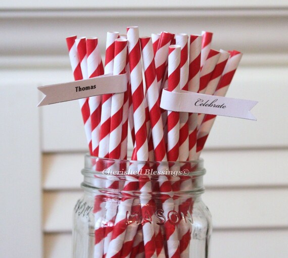 50 Red Paper Straws Striped Retro Vintage Style Carnival Circus Wedding Birthday Bridal Baby Shower W/ Printable Flags I Created BRIGHT RED Il_570xn