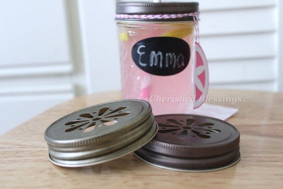 40 Mason Jar Lids for Tumblers Cups Glasses Table Setting Daisy Cut Kids Birthday Wedding Baby Shower Favors ANTIQUE GOLD w/ straw flags Il_570xn