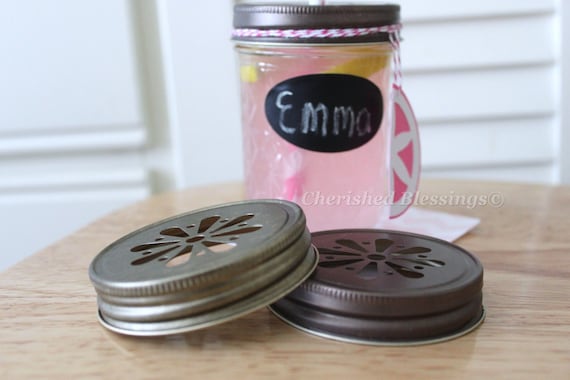 12 Mason Jar Lids for Tumblers Cups Glasses Table Setting Daisy Cut Lid Birthday Wedding Baby Shower Favors RUSTIC BRONZE w/ Straw Flags Il_570xn