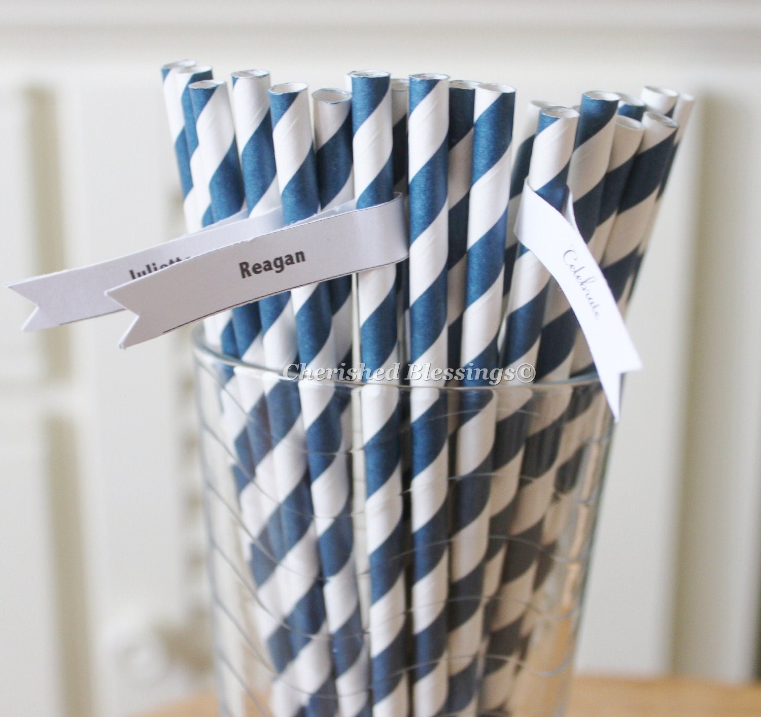 25 Navy Blue Paper Straws Striped Retro Vintage Style Carnival Circus Wedding Birthday Bridal Baby Shower W/ Printable Flags I Created