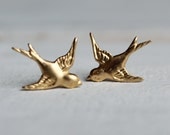 Swallow Bird Earrings ... Gold Stud Posts Brass - SilkPurseSowsEar