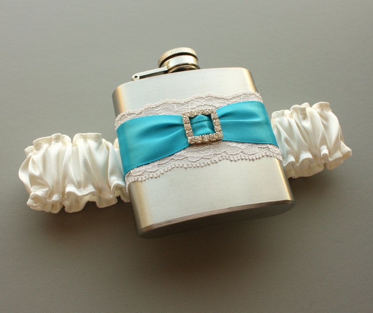 Ivory & Turquoise FLASK GARTER -- Something Caribbean Blue for Bride -- Ready to Ship