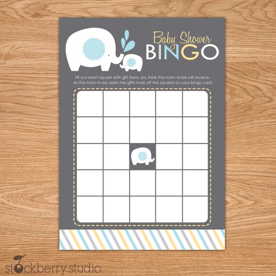 Elephant Baby Shower Printable Bingo Game Gray Blue Yellow - Instant Download Il_570xn