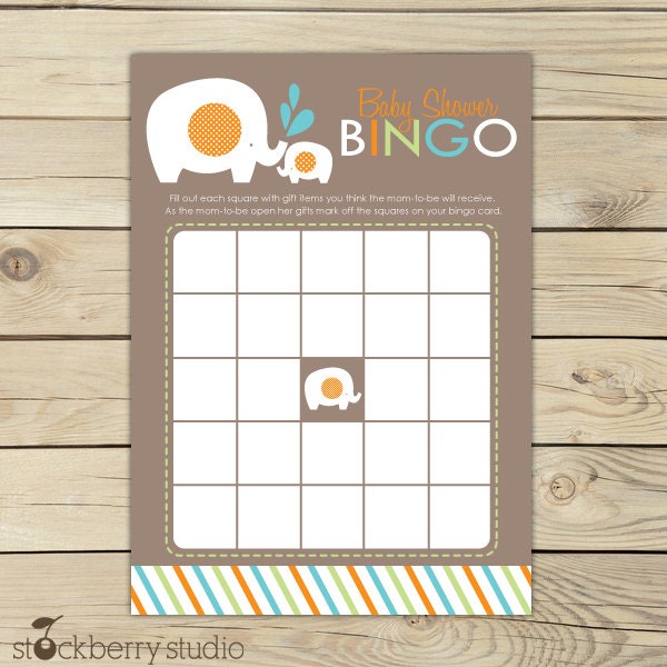 Aqua and Orange Elephant Baby Shower Printable Bingo Game - Instant Download Il_570xn