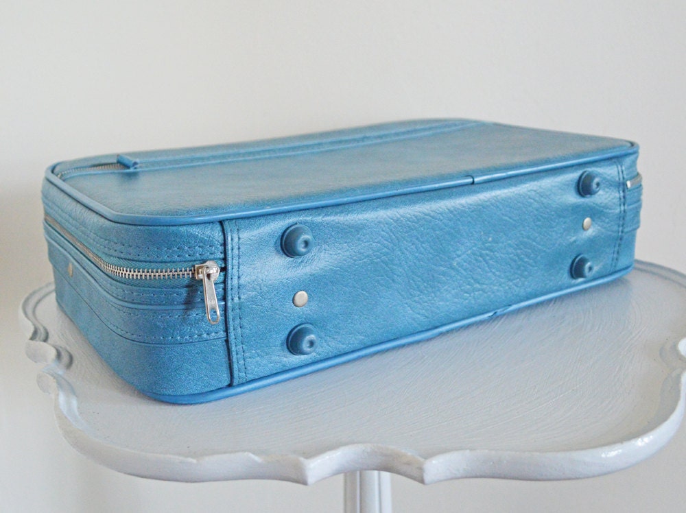 Little Baby Blue Suitcase Vintage Vinyl Sears Overnight Bag Travel Case Carry On Vegan Periwinkle Autumn Fall Eveteam