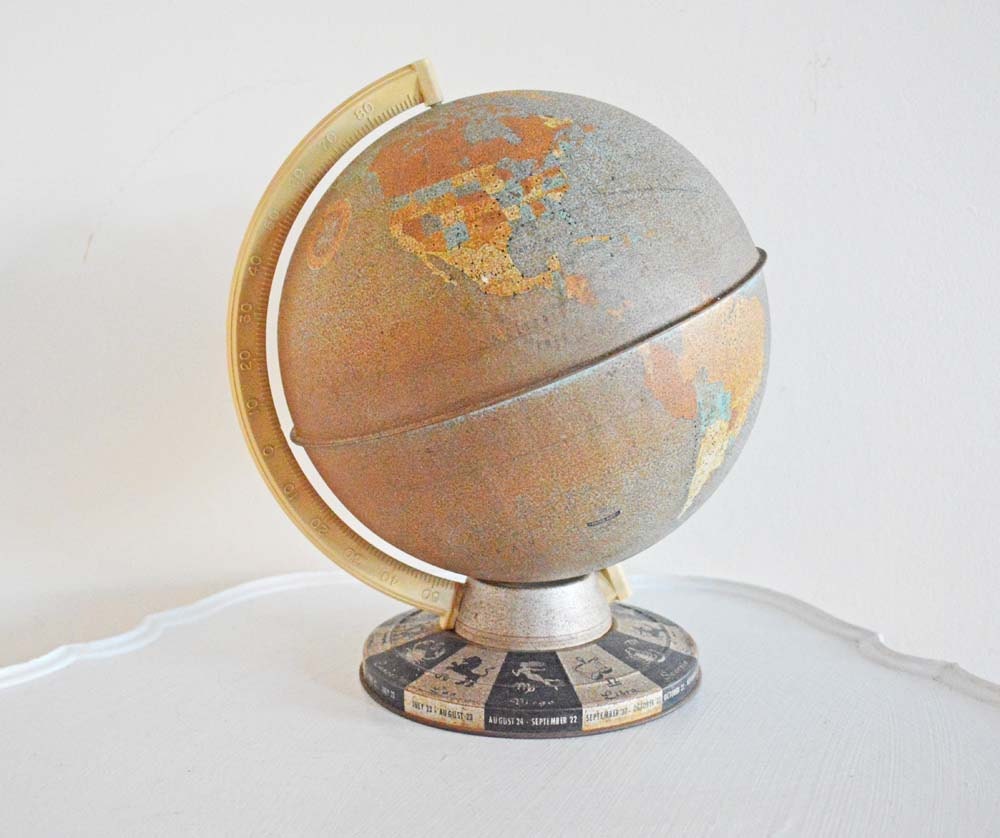 Rusty Metal Vintage Zodiac Globe Ohio Art Black Silver Brown Desk Top Table Top Chalkboard