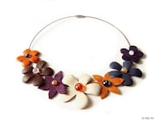 Leather Floral Bouquet Necklace Tangerine Brown Purple Cream Flowers, Leather Jewelry