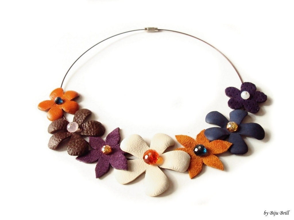 Leather Floral Bouquet Necklace Tangerine Brown Purple Cream Flowers, Leather Jewelry