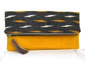 Fabric Fold over clutch in ikat, grey and yellow